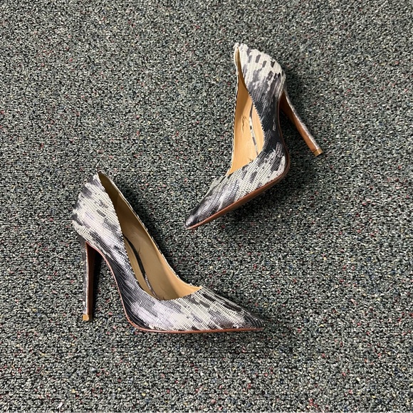SCHUTZ Grey Black White Metallic Leather Snakeskin Print Pumps Stiletto Heel 6.5 - Picture 4 of 16